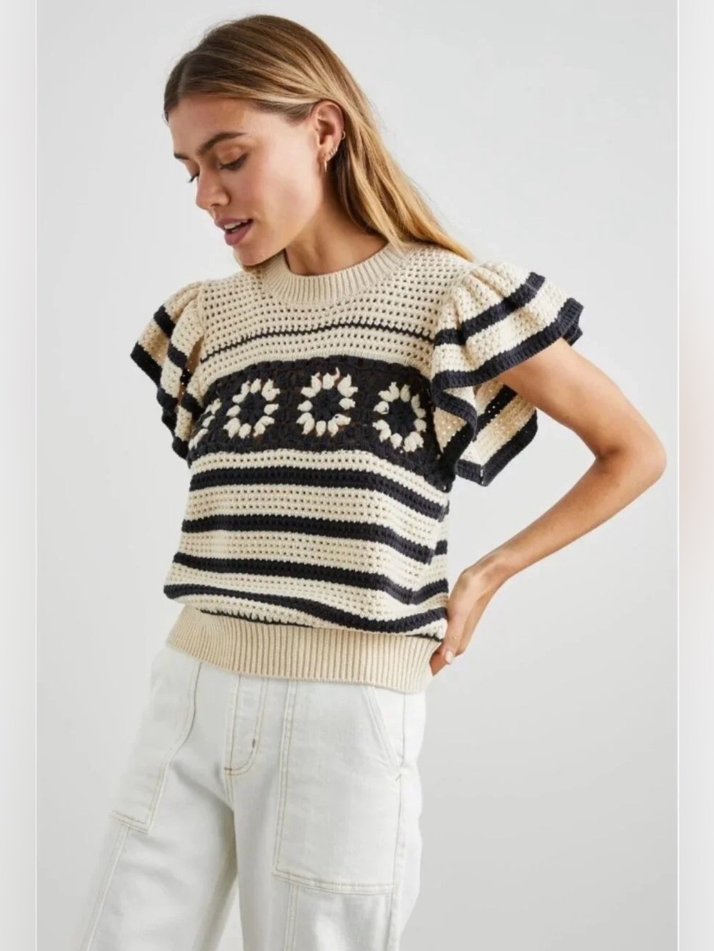 Anthropologie, Penelope Striped Crochet Knit Top, Cream/Navy, M - Picture 4 of 8